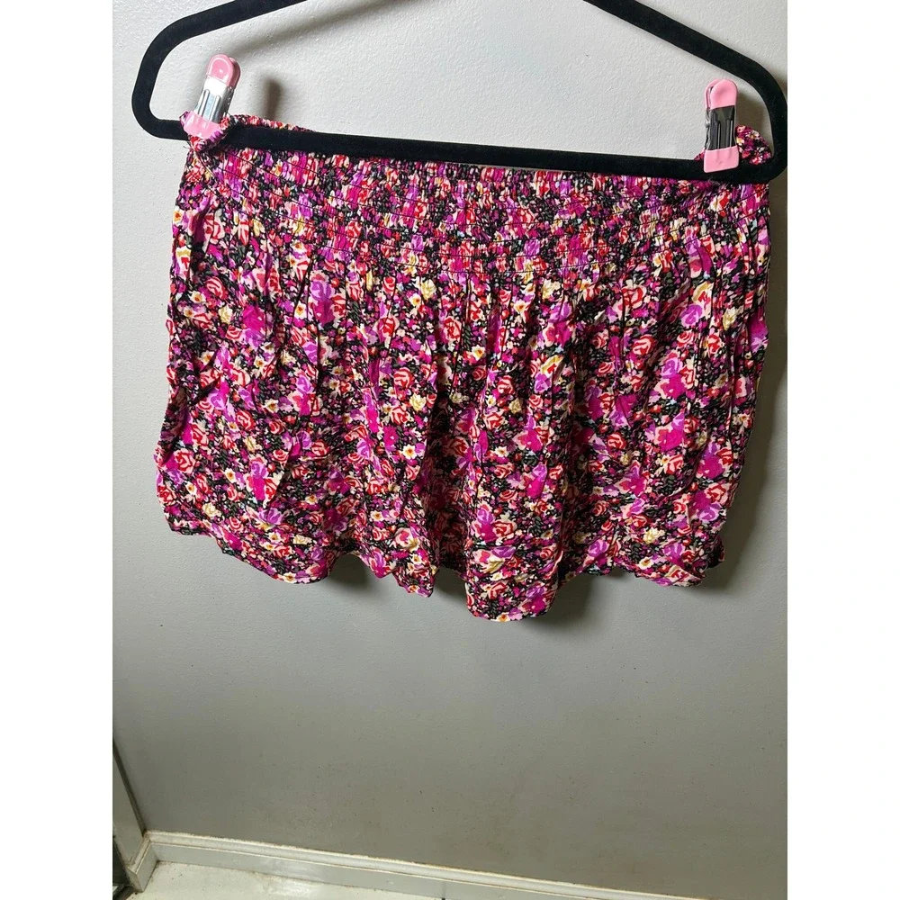 Express Floral Smocked Mini Skirt Pink Red Purple Rayon Pockets Large NWT